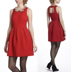 Anthropologie Moulinette Soeurs Red Dress Jacquard Fit Flare Brocade Size 0